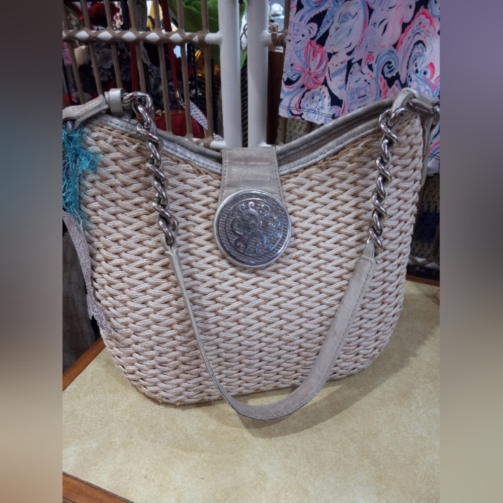 Brighton Cream Woven Shoulder Bag with Silver Chain
